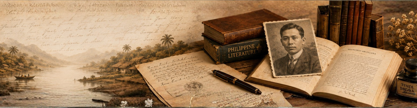 Vintage Filipino literary desk banner with books, handwritten papers, an author portrait, an open book, a pen, and an ink bottle.